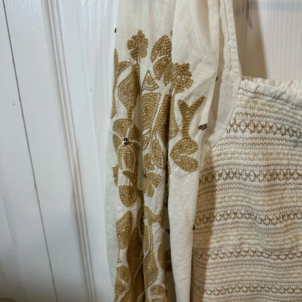 Anthropologie white Womens blouse, with tan embroidery and small brown sequins - Picture 7 of 9